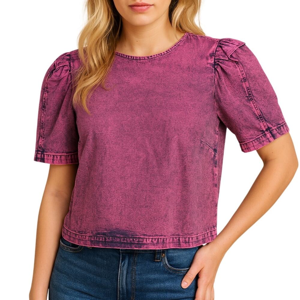 INC International Concepts Pink Acid Wash Puff Sleeve Top Women’s Small